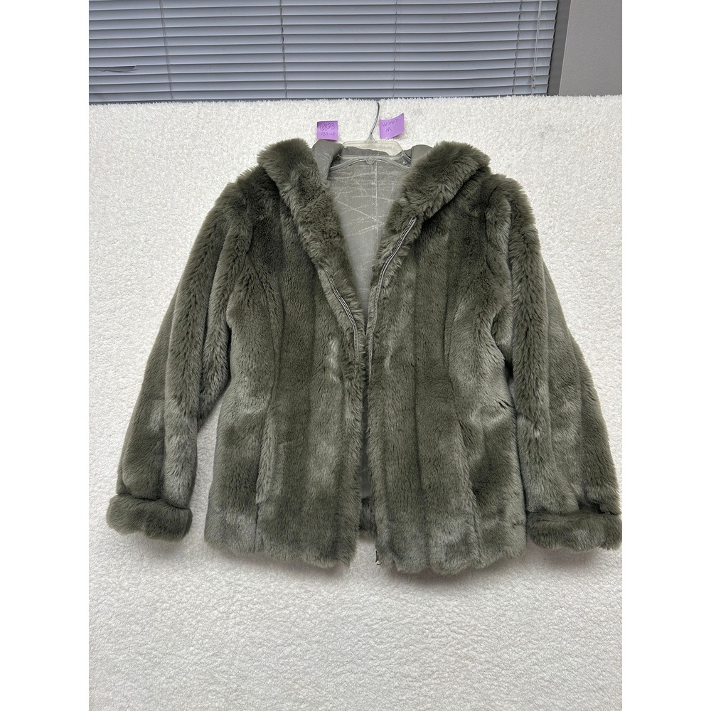 Womens Hooded Faux Fur Jacket Olive Green Full Zip Plush Coat SM/MED